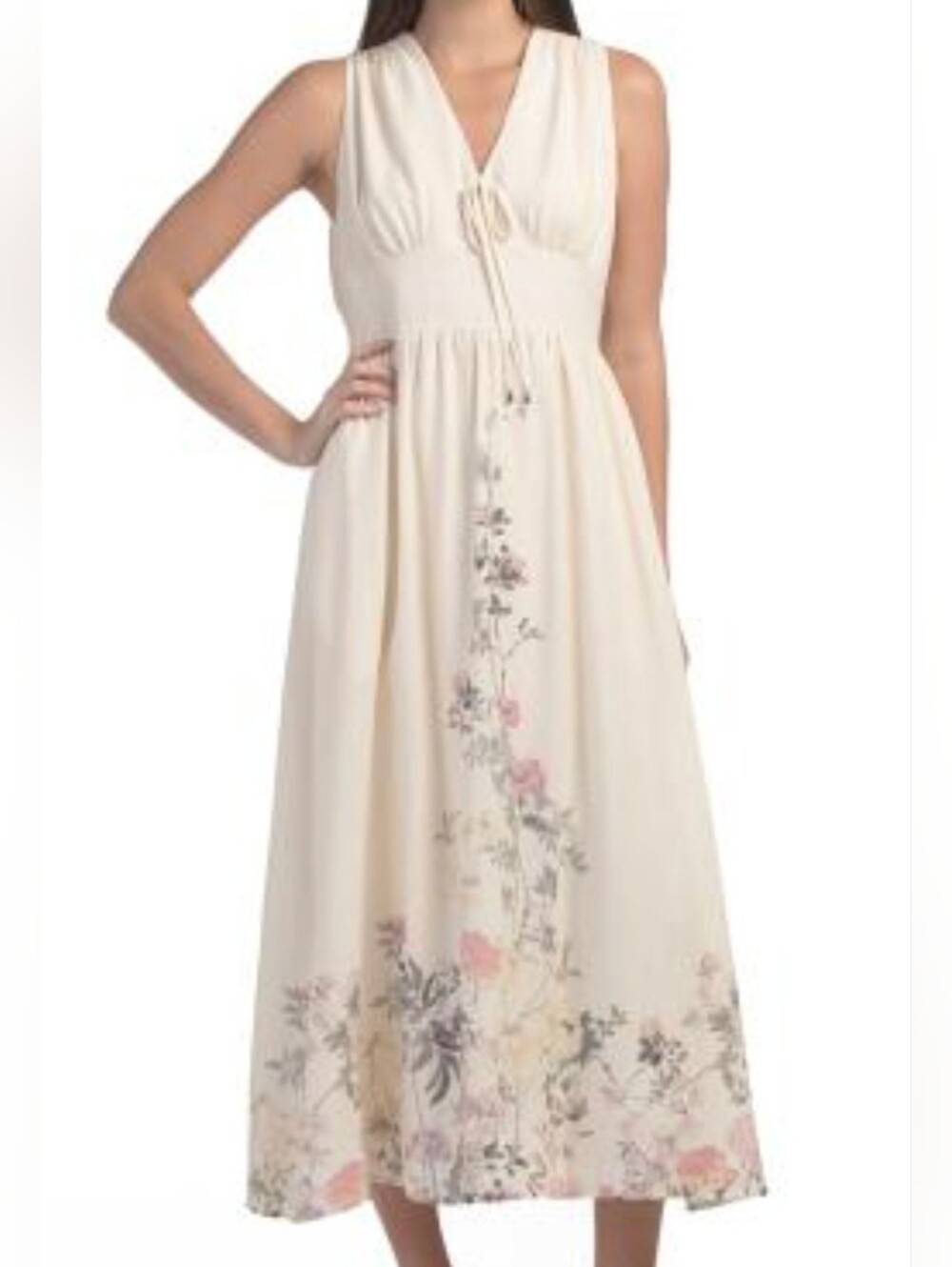 NWT - Taylor Linen Blend Ivory Floral Smocked Waist Lined Maxi Dress - Size 10